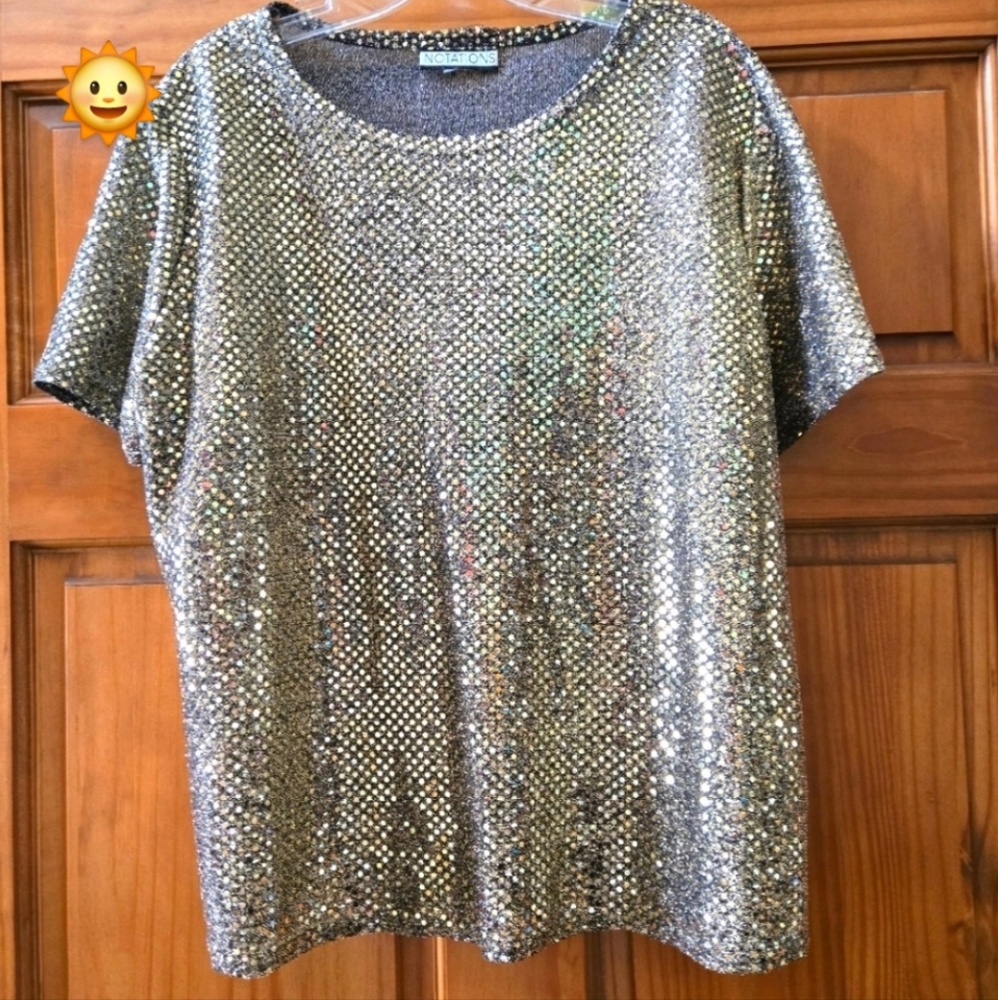 Gold Shimmery Top Short Sleeve NOTATIONS SIZE LG